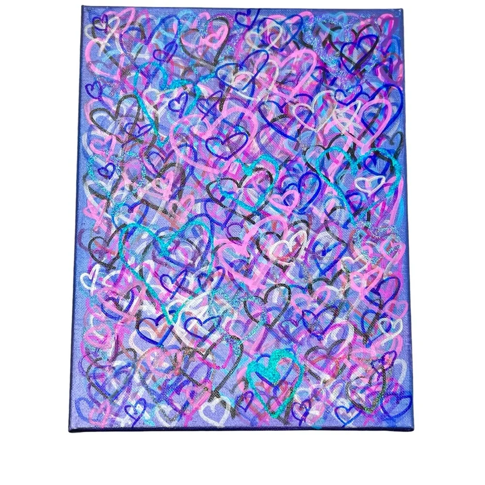 HANDCRAFTED MIXED MEDIA COLORFUL GRAFFITI HEARTS - SHADES OF PURPLE, BLUE & PINK